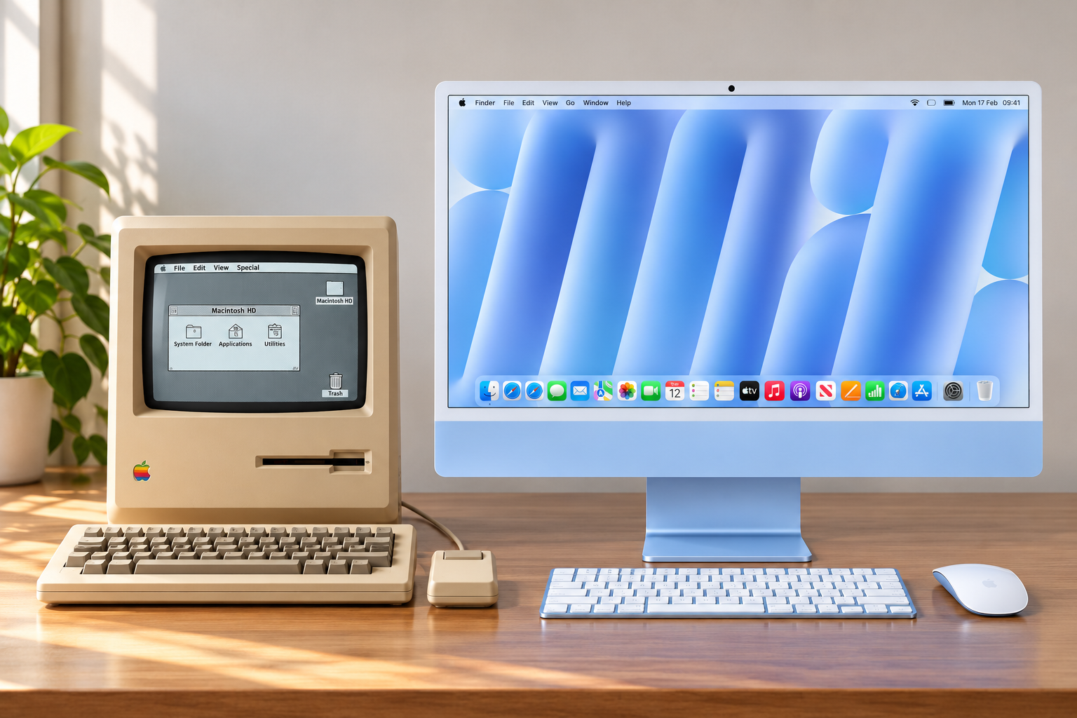 Original Macintosh beside a modern iMac